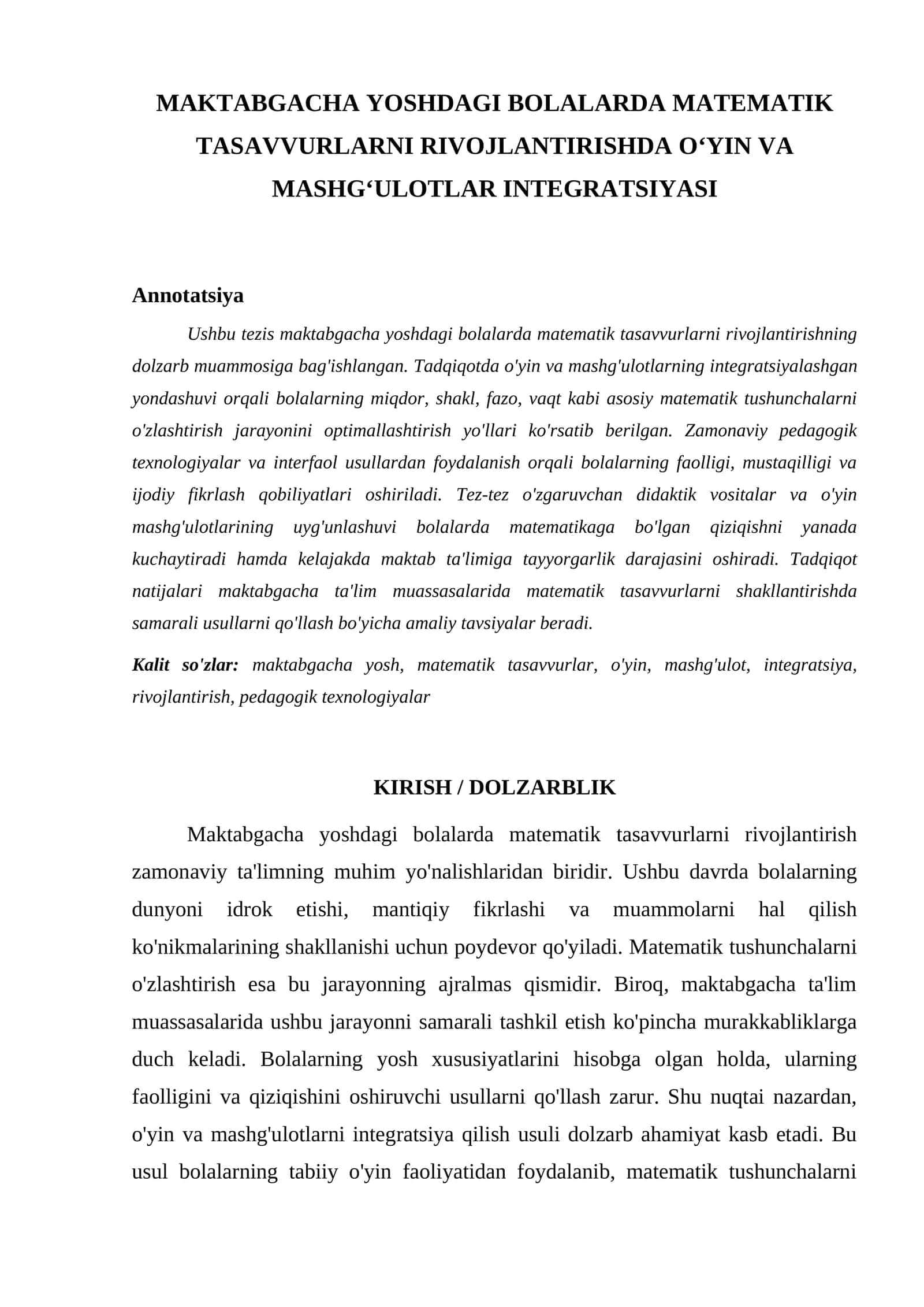 MAKTABGACHA YOSHDAGI BOLALARDA MATEMATIK TASAVVURLARNI RIVOJLANTIRISHDA O‘YIN VA MASHG‘ULOTLAR INTEGRATSIYASI 1