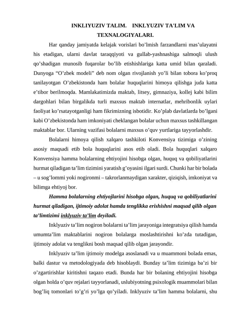 INKLIYUZIV TALIM. INKLYUZIV TA'LIM VA TEXNALOGIYALARI 1