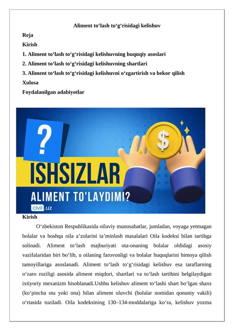 Aliment to‘lash to‘g‘risidagi kelishuv 1