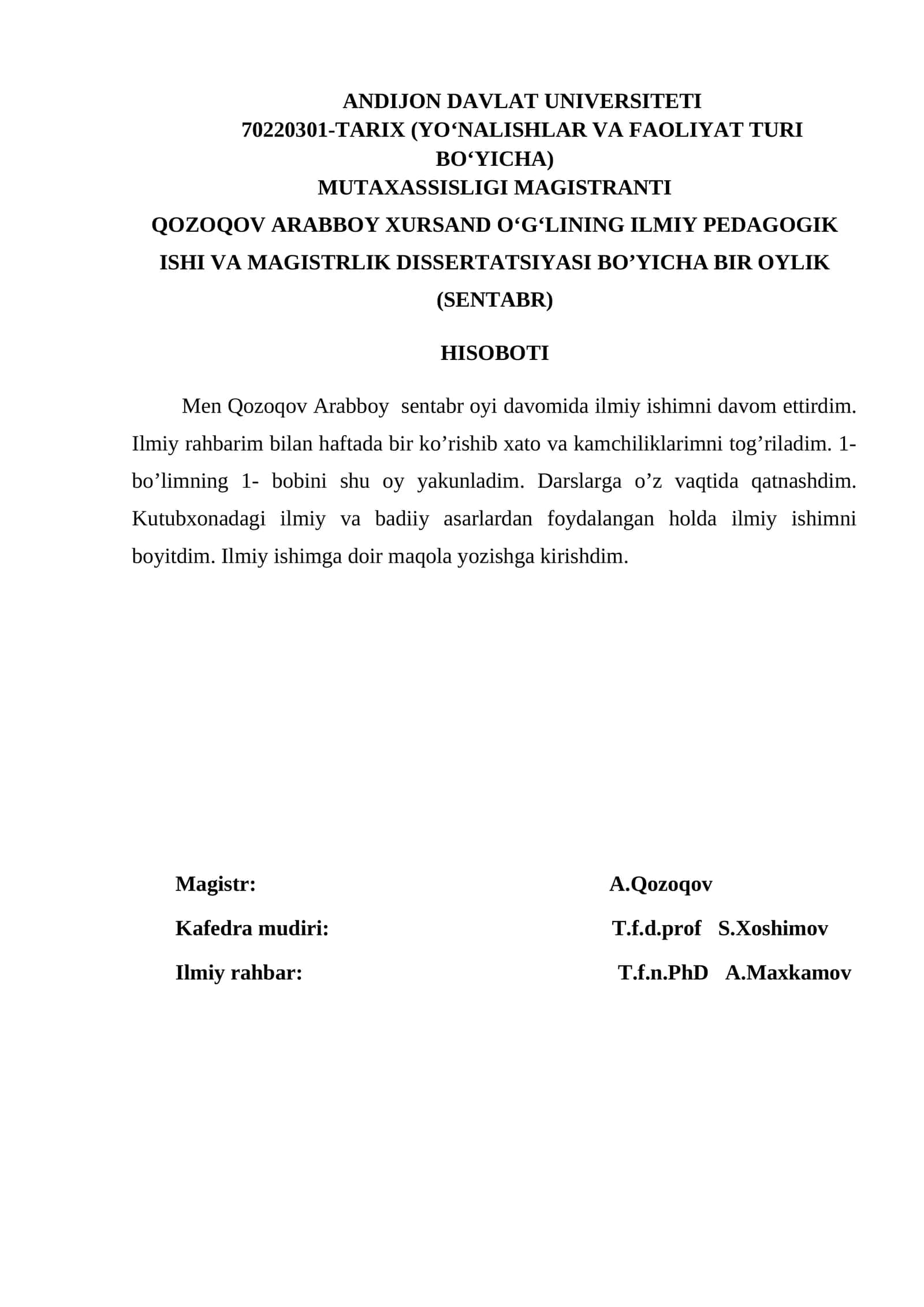 ILMIY PEDAGOGIK ISHI VA MAGISTRLIK DISSERTATSIYASI BO’YICHA BIR OYLIK (SENTABR) HISOBOTI 1