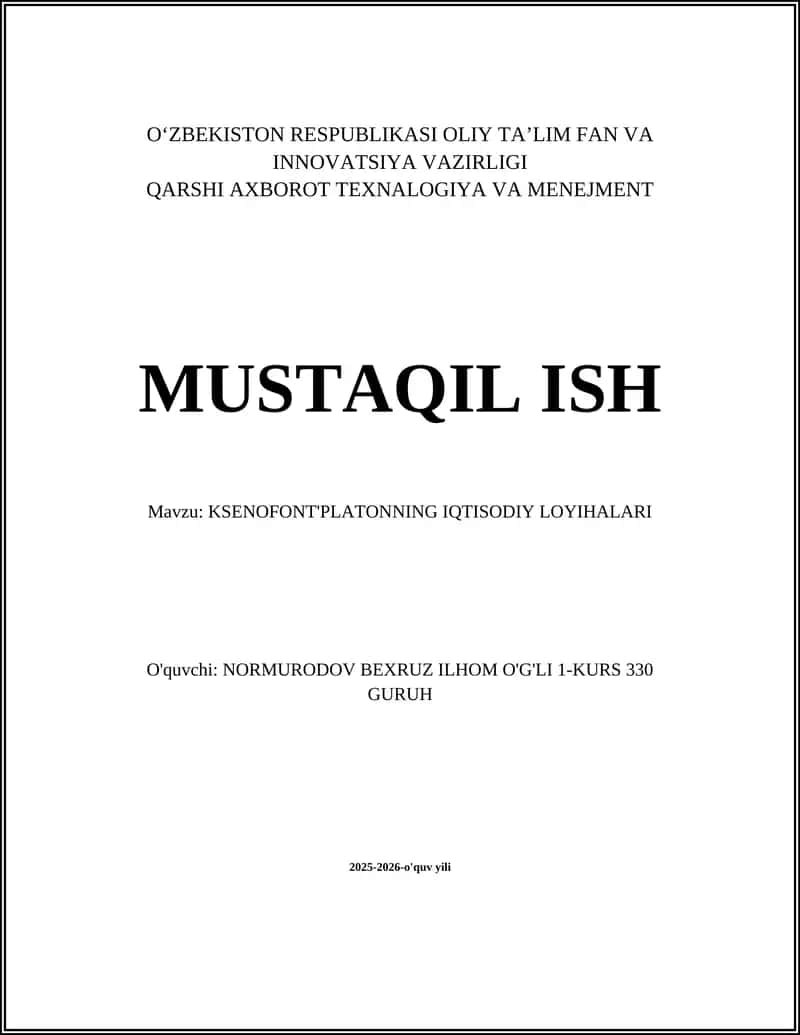 KSENOFONT'PLATONNING IQTISODIY LOYIHALARI 1