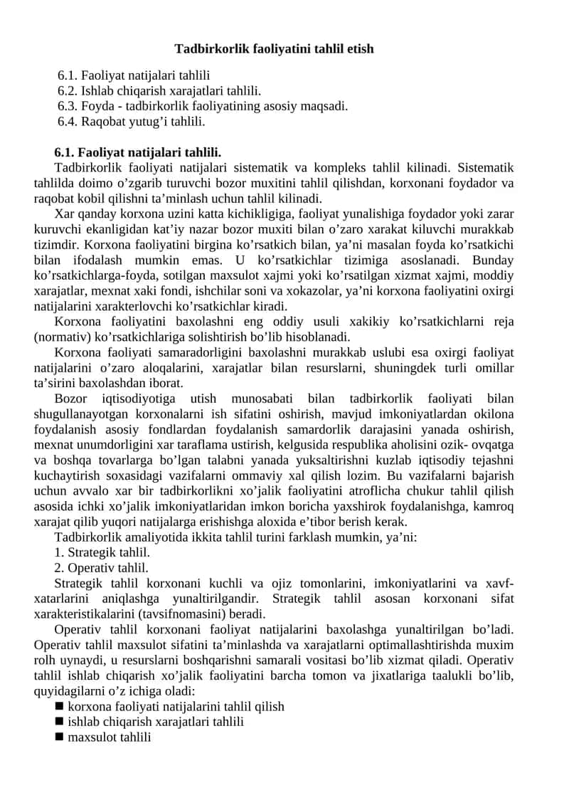 Tadbirkorlik faoliyatini tahlil etish 1