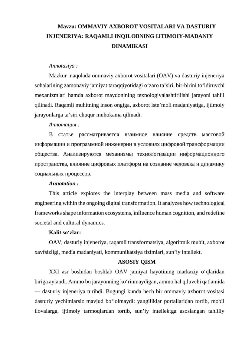 OMMAVIY AXBOROT VOSITALARI VA DASTURIY INJENERIYA: RAQAMLI INQILOBNING IJTIMOIY-MADANIY DINAMIKASI 1