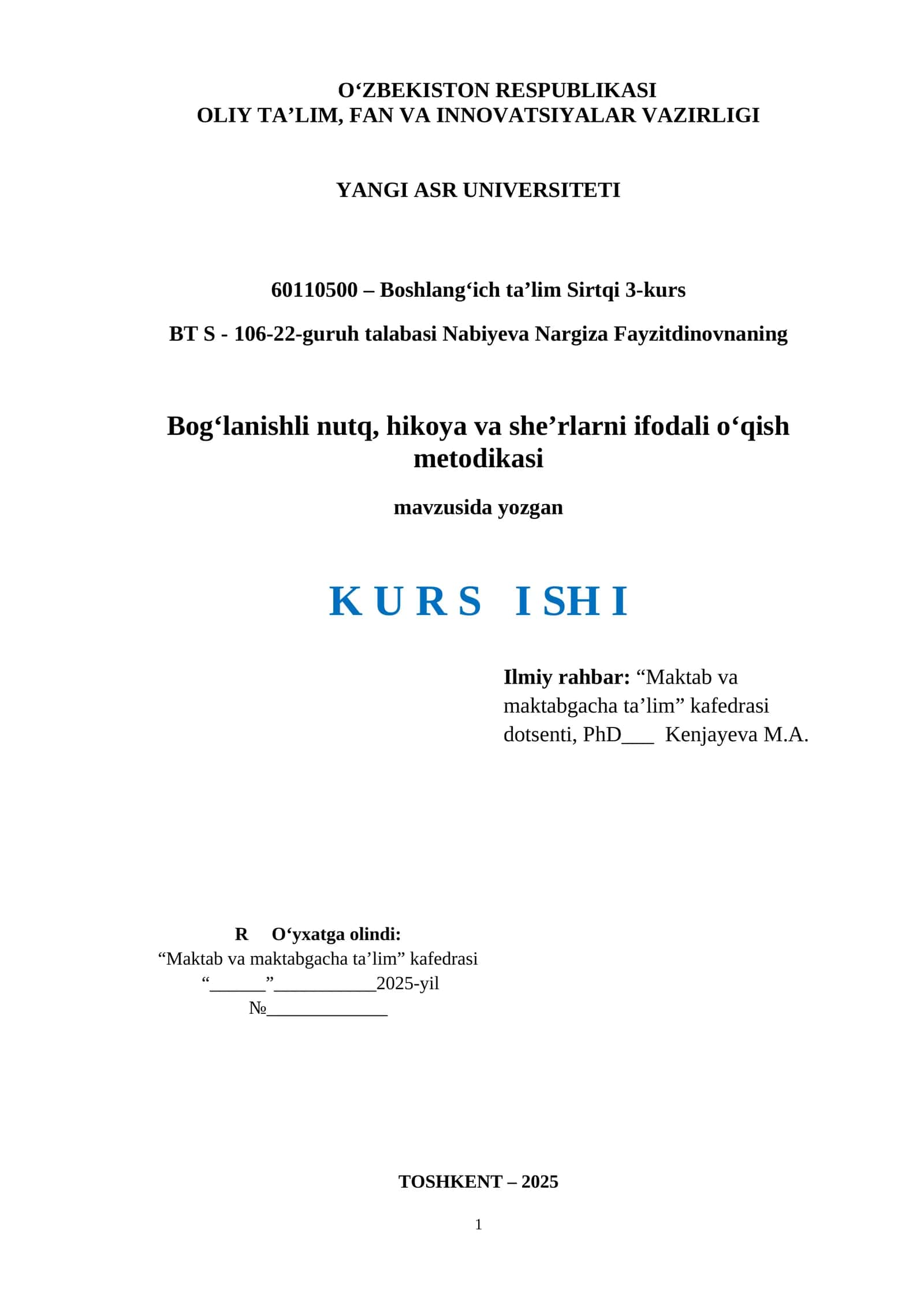 Bog‘lanishli nutq, hikoya va she’rlarni ifodali o‘qish metodikasi 1