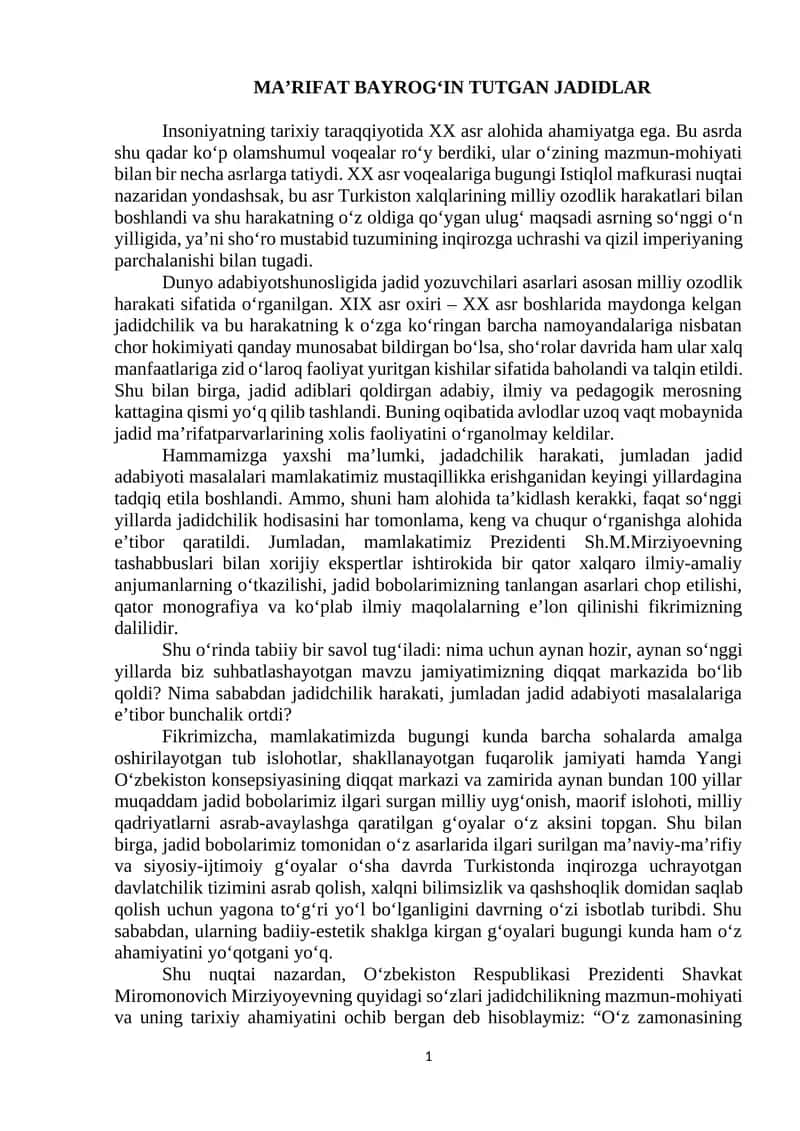 MA’RIFAT BAYROG‘IN TUTGAN JADIDLAR 1
