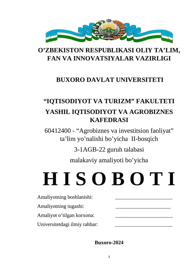 Сourse work on "Agro Business and Investment Activities" in "Green Economics and Agribusiness Department" 1