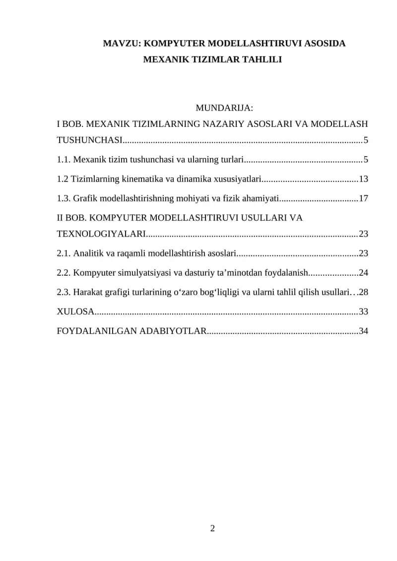 KOMPYUTER MODELLASHTIRUVI ASOSIDA MEXANIK TIZIMLAR TAHLILI 1
