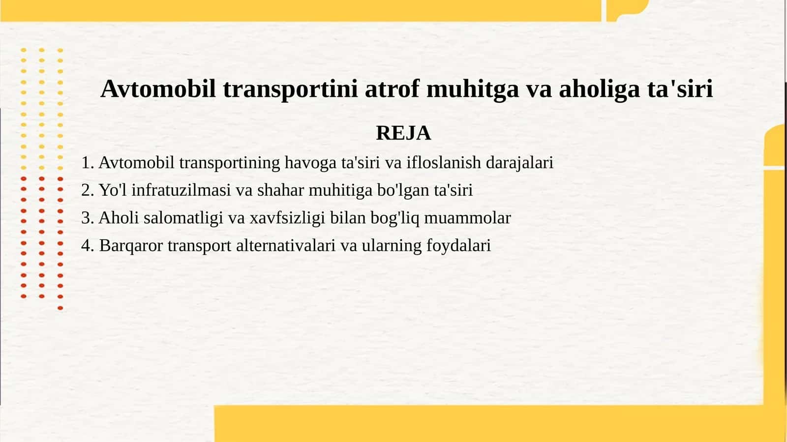 Avtomobil transportini atrof muhitga va aholiga ta'siri 1