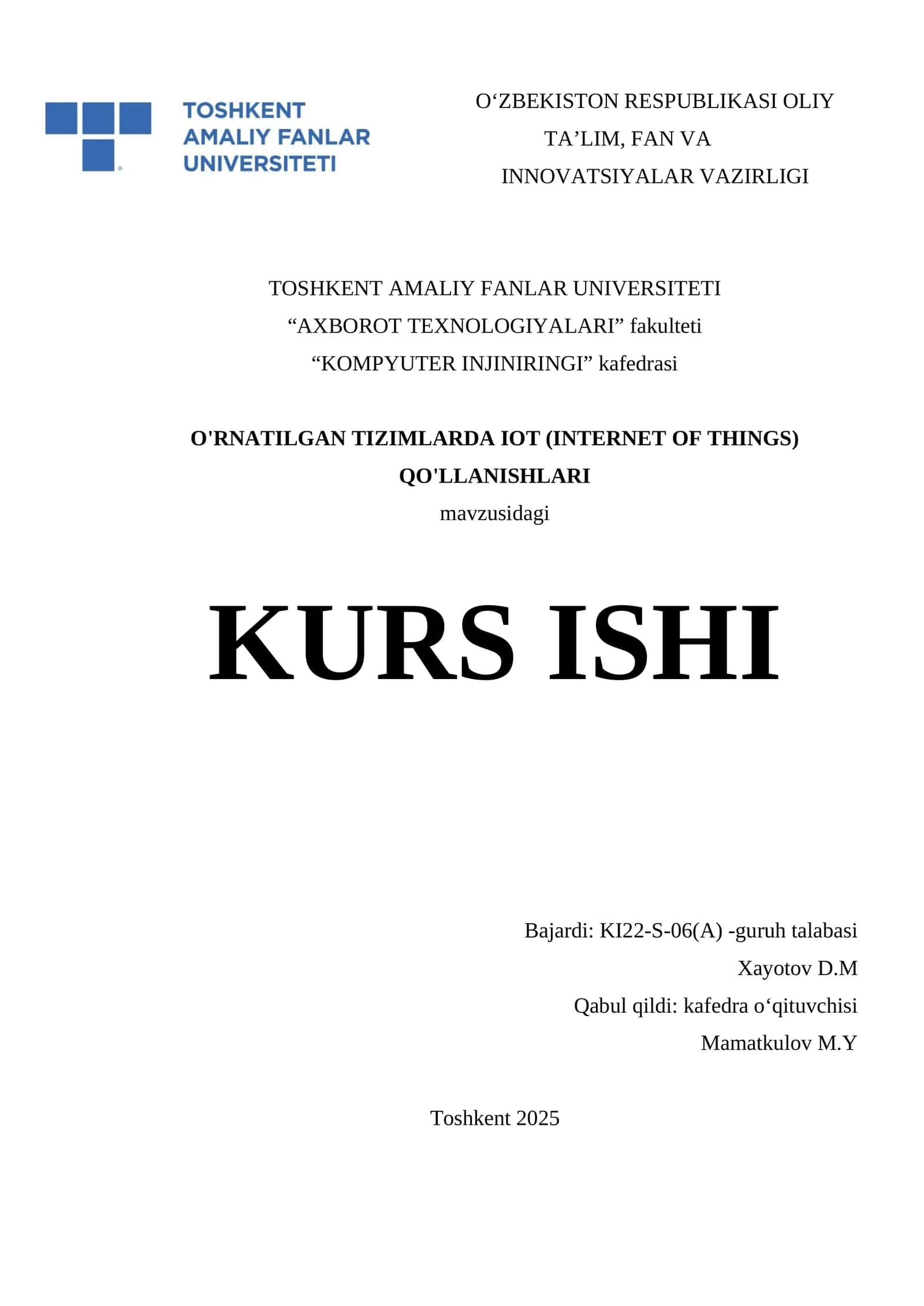 O'rnatilgan tizimlarda IOT qo'llanishlari 1