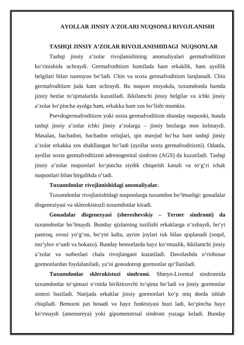 Ayollar jinsiy a'zolari nuqsonli rivojlanishi 1