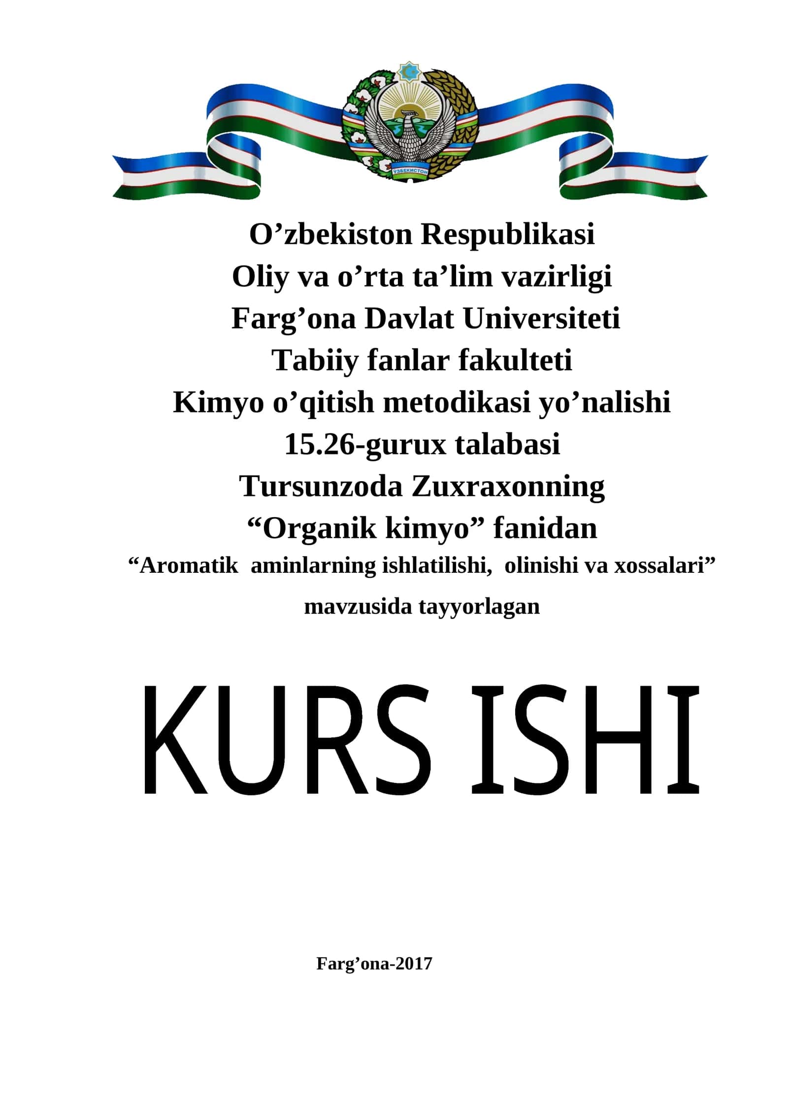 Aromatik aminlarning ishlatilishi, olinishi va xossalari 1