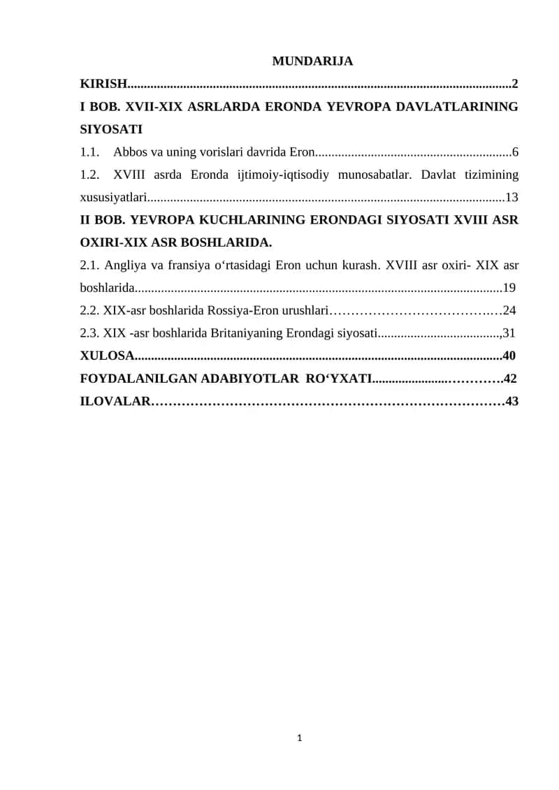 XVII ASR OʻRTASI - XX ASR BOSHIDA  ERON 1