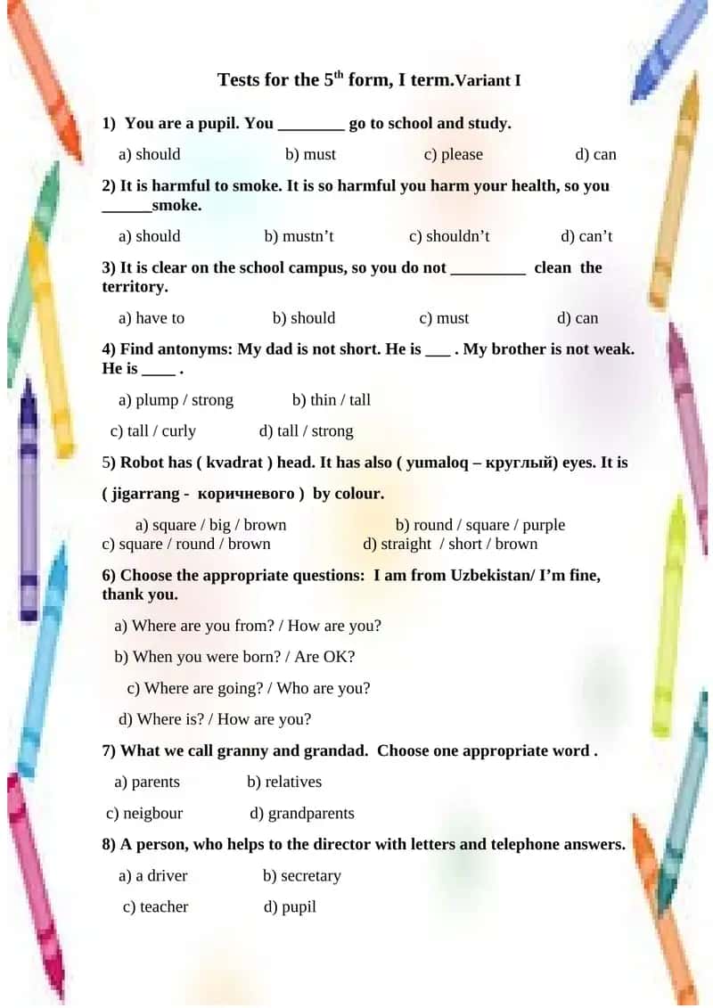 Tests for the 5th form, I term.Variant I 1