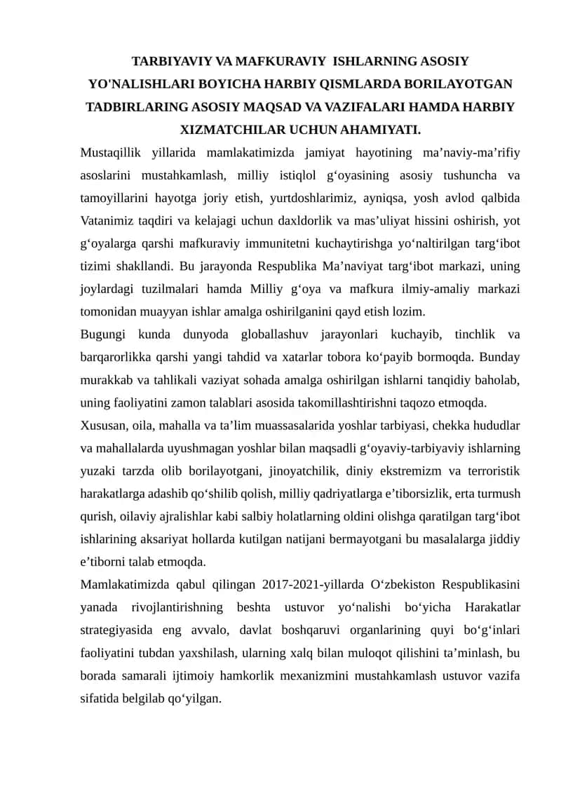 TARBIYAVIY VA MAFKURAVIY ISHLARNING ASOSIY YO'NALISHLARI 1