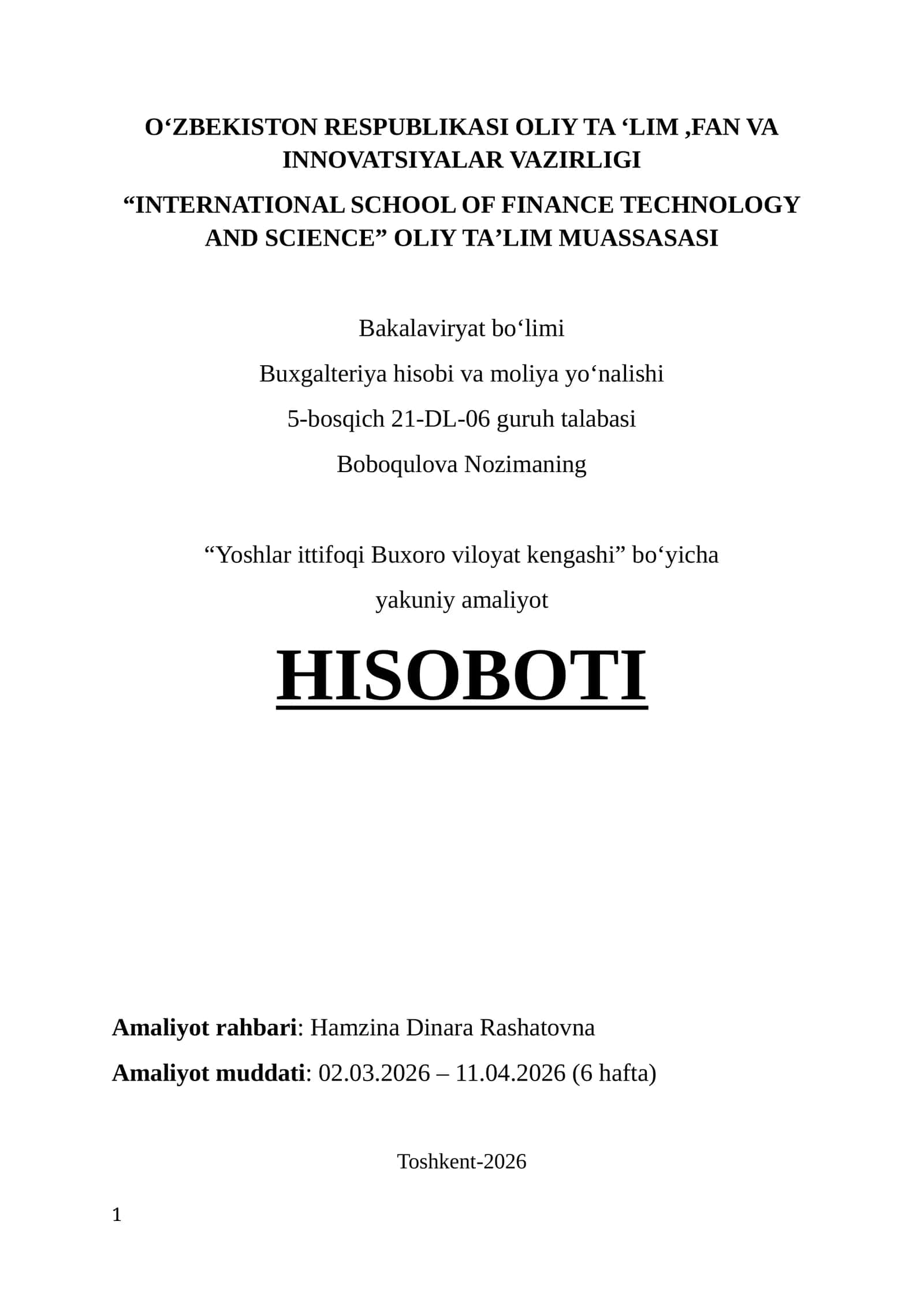 Yoshlar ittifoqi Buxoro viloyat kengashi. Amaliyot hisoboti. 1