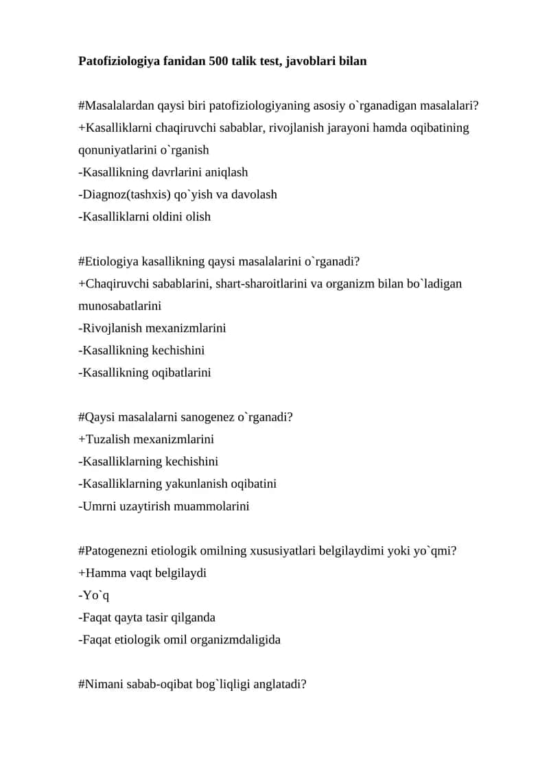 Patofiziologiya fanidan 500 talik test, javoblari bilan 1