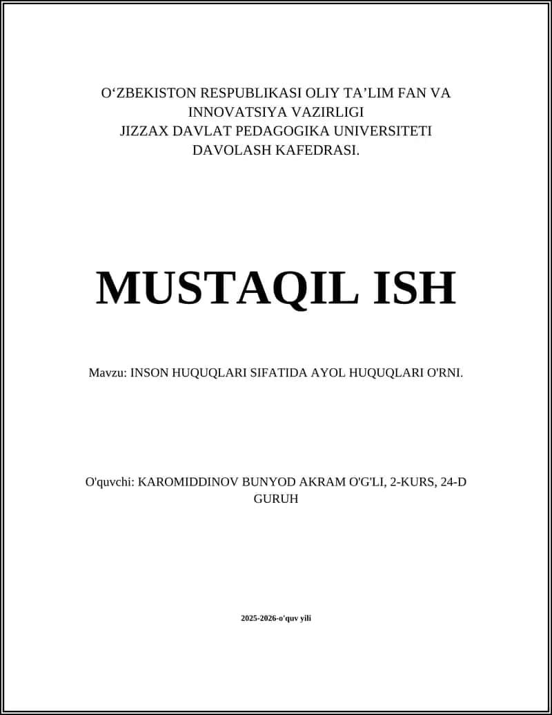 INSON HUQUQLARI SIFATIDA AYOL HUQUQLARI O'RNI 1