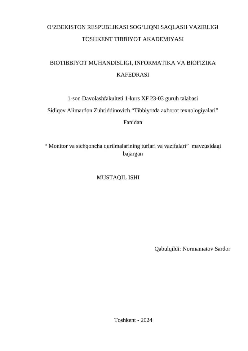 Monitor va sichqoncha qurilmalarining turlari va vazifalari 1