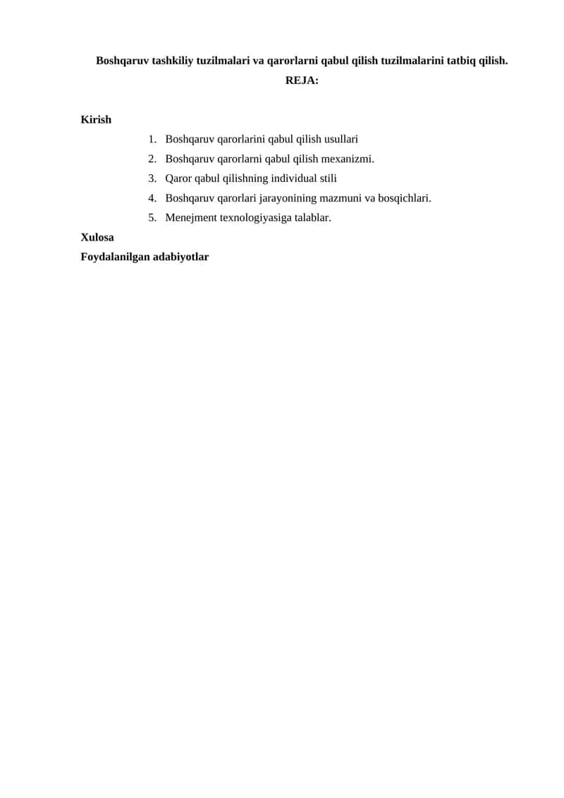 Boshqaruv tashkiliy tuzilmalari va qarorlarni qabul qilish tuzilmalarini tatbiq qilish 1