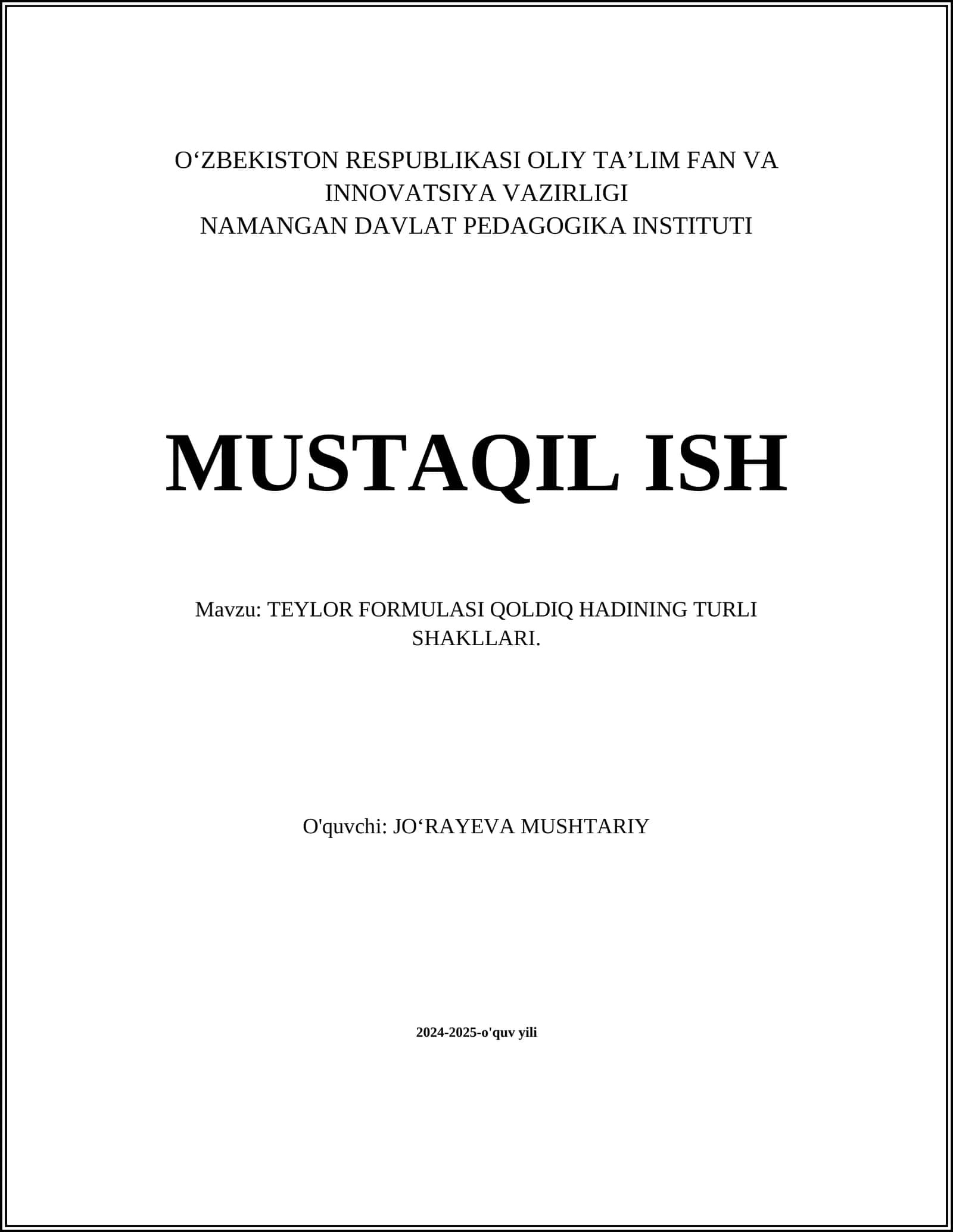 TEYLOR FORMULASI QOLDIQ HADININ TURLARI 1