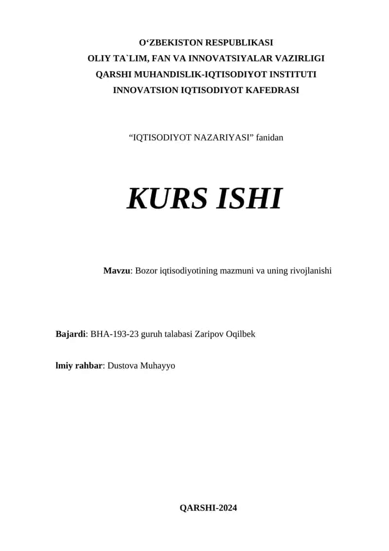 Bozor iqtisodiyotining mazmuni va uning rivojlanishi 1
