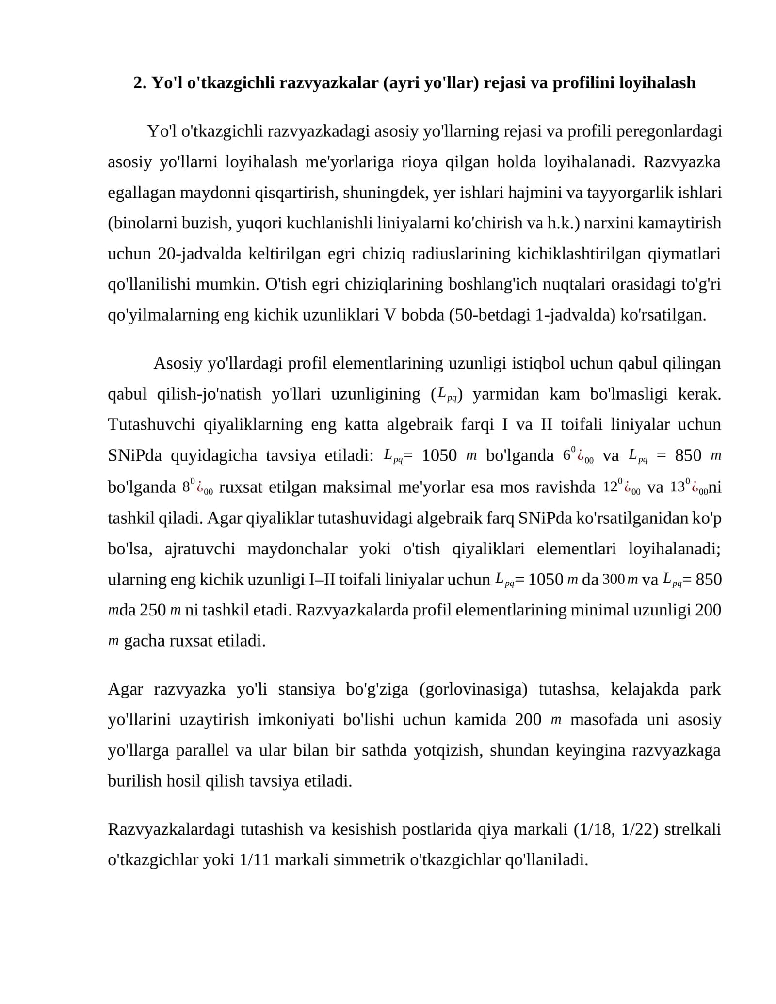 Yo'l o'tkazgichli razvyazkalar (ayri yo'llar) rejasi va profilini loyihalash 1