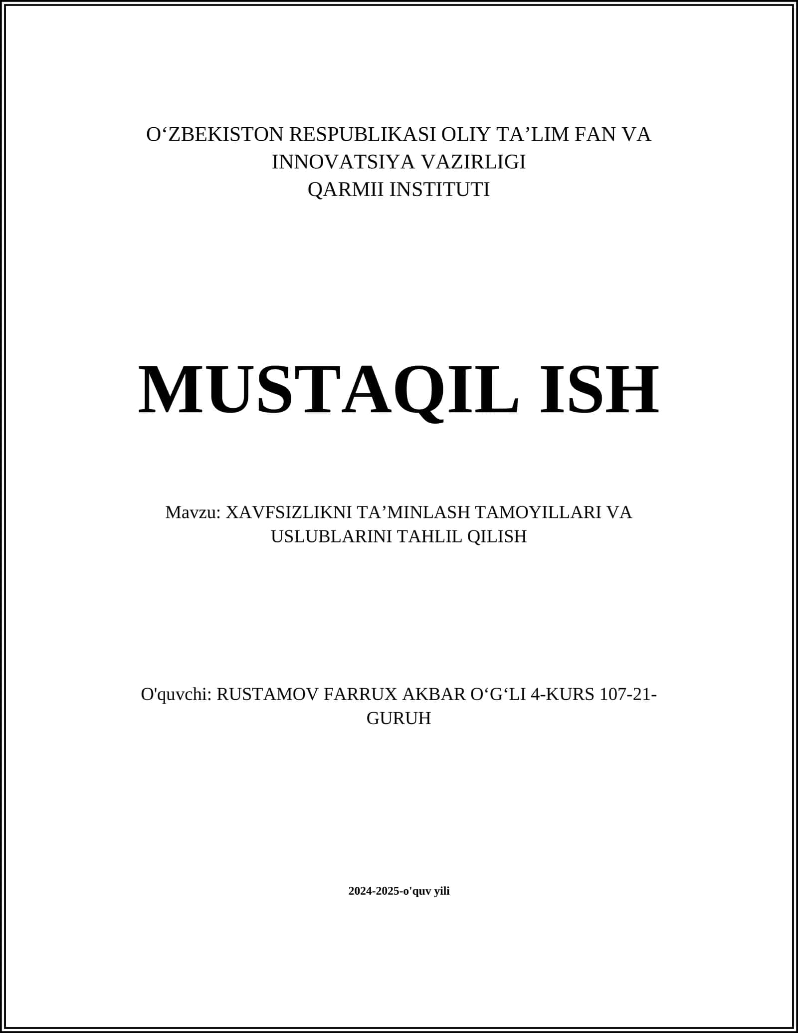 XAVFSIZLIKNI TAʼMINLASH TAMOYILLARI VA USLUBLARINI TAHLIL QILISH 1