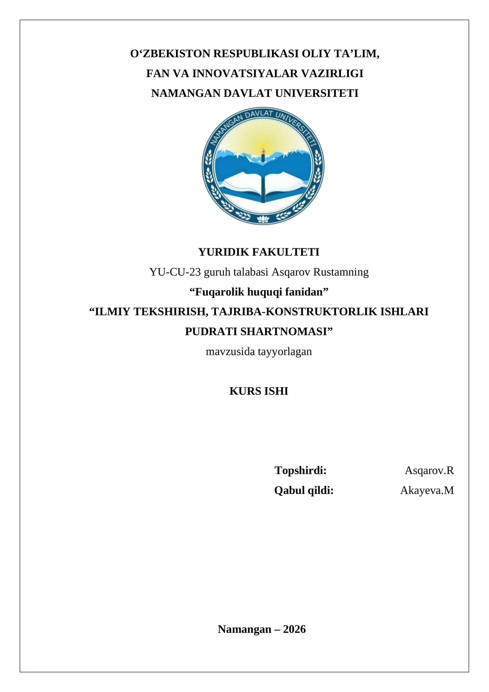 “ILMIY TEKSHIRISH, TAJRIBA-KONSTRUKTORLIK ISHLARI PUDRATI SHARTNOMASI” 1