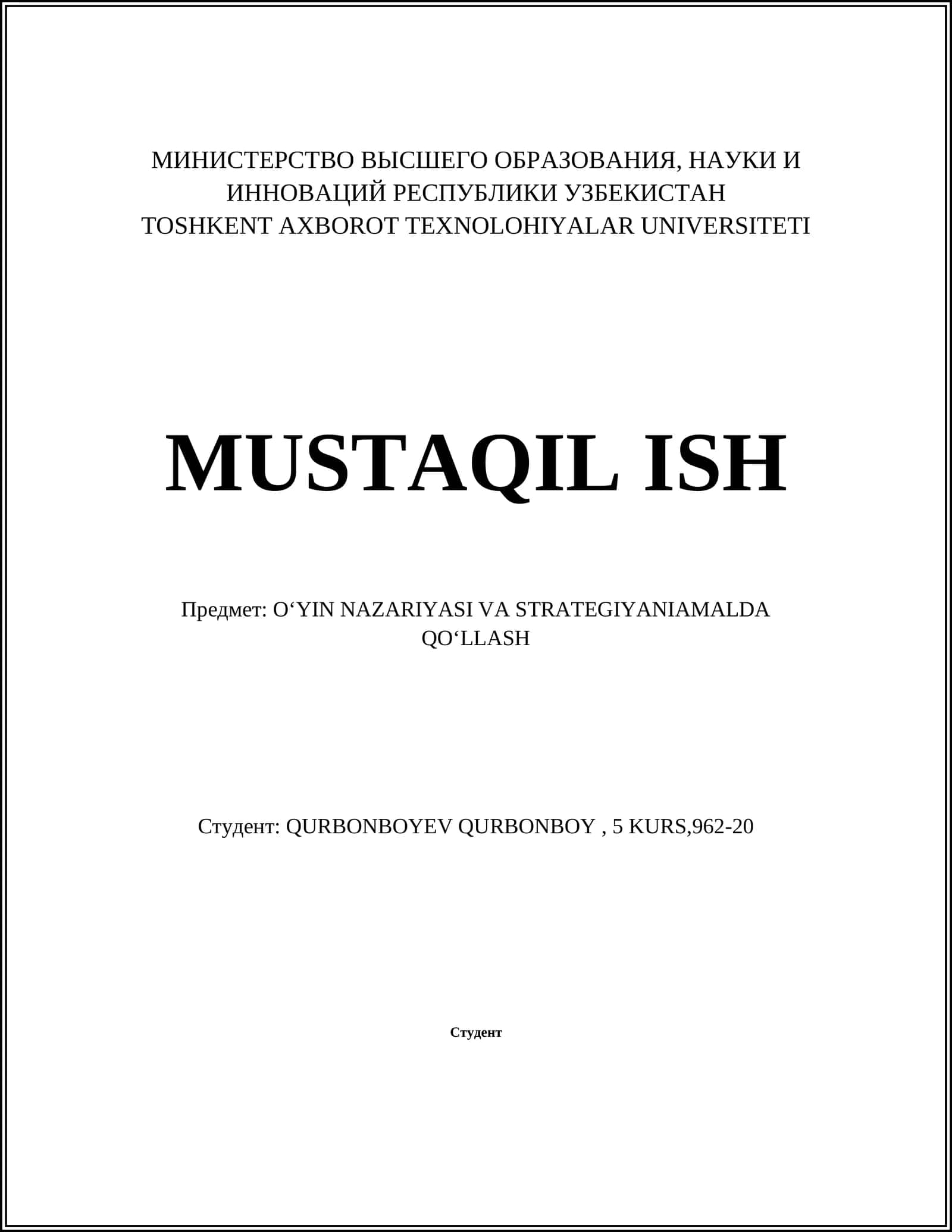 O‘YIN NAZARIYASI VA STRATEGIYANIAMALDA QO‘LLASH 1