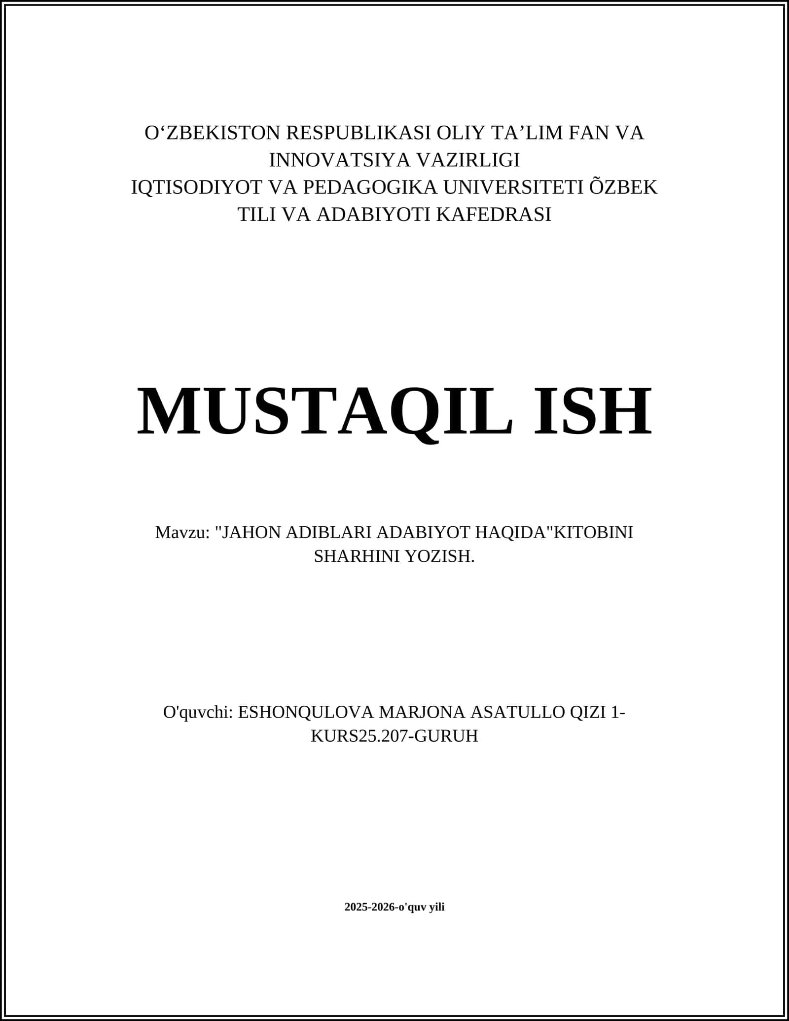 JAHON ADIBLARI ADABIYOT HAQIDA"KITOBINI SHARHINI YOZISH 1