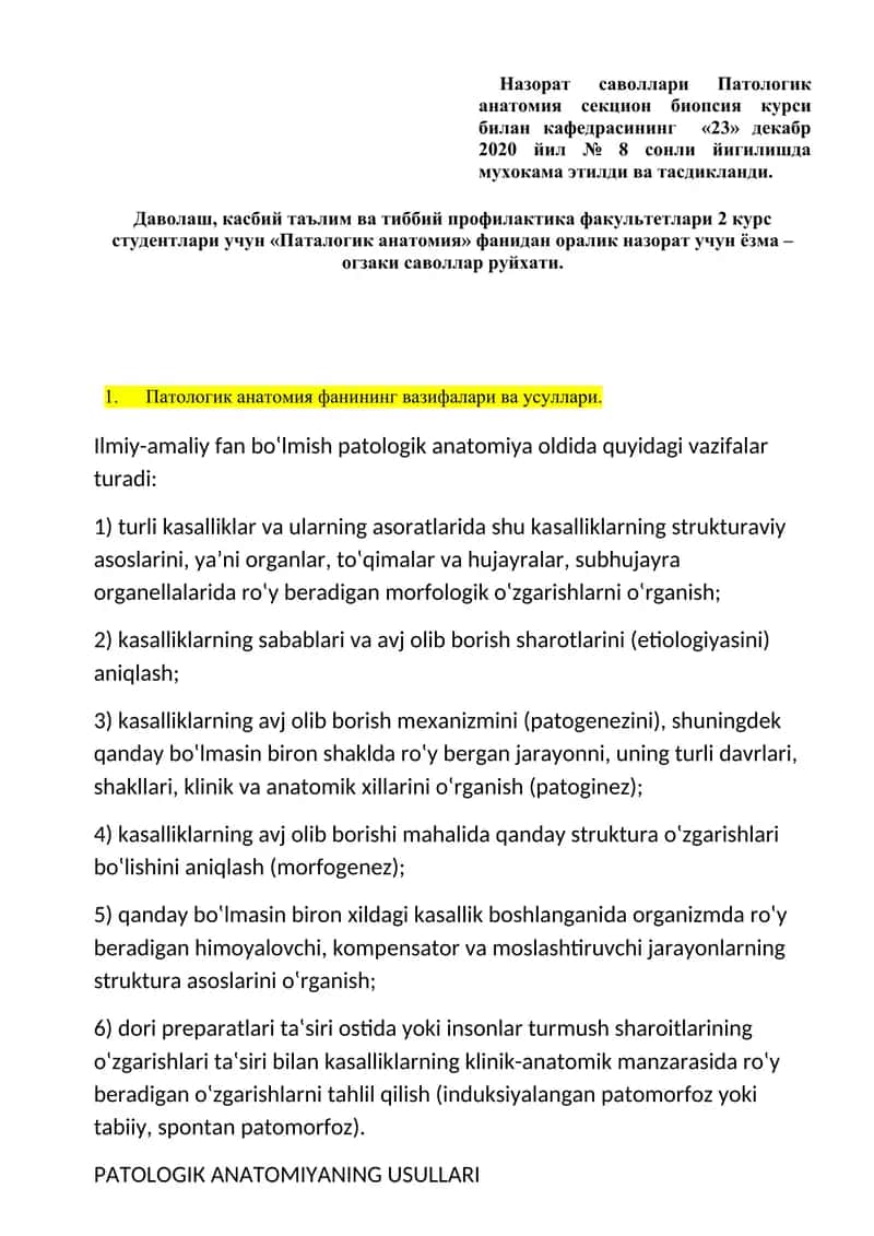 Patologik anatomiya saviyasida o'qish materiallari 1