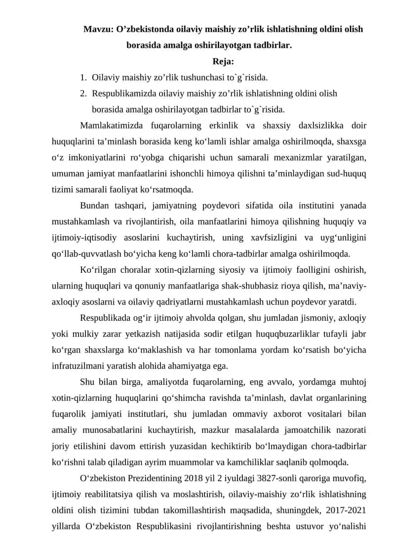 O’zbekistonda oilaviy maishiy zo’rlik ishlatishning oldini olish borasida amalga oshirilayotgan tadbirlar 1