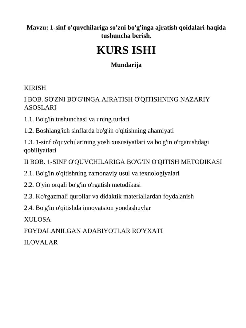 1-sinf o'quvchilariga so'zni bo'g'inga ajratish qoidalari haqida tushuncha berish 1