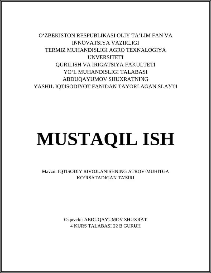 YASHIL IQTISODIYOT FANIDAN TAYORLAGAN SLAYT 1