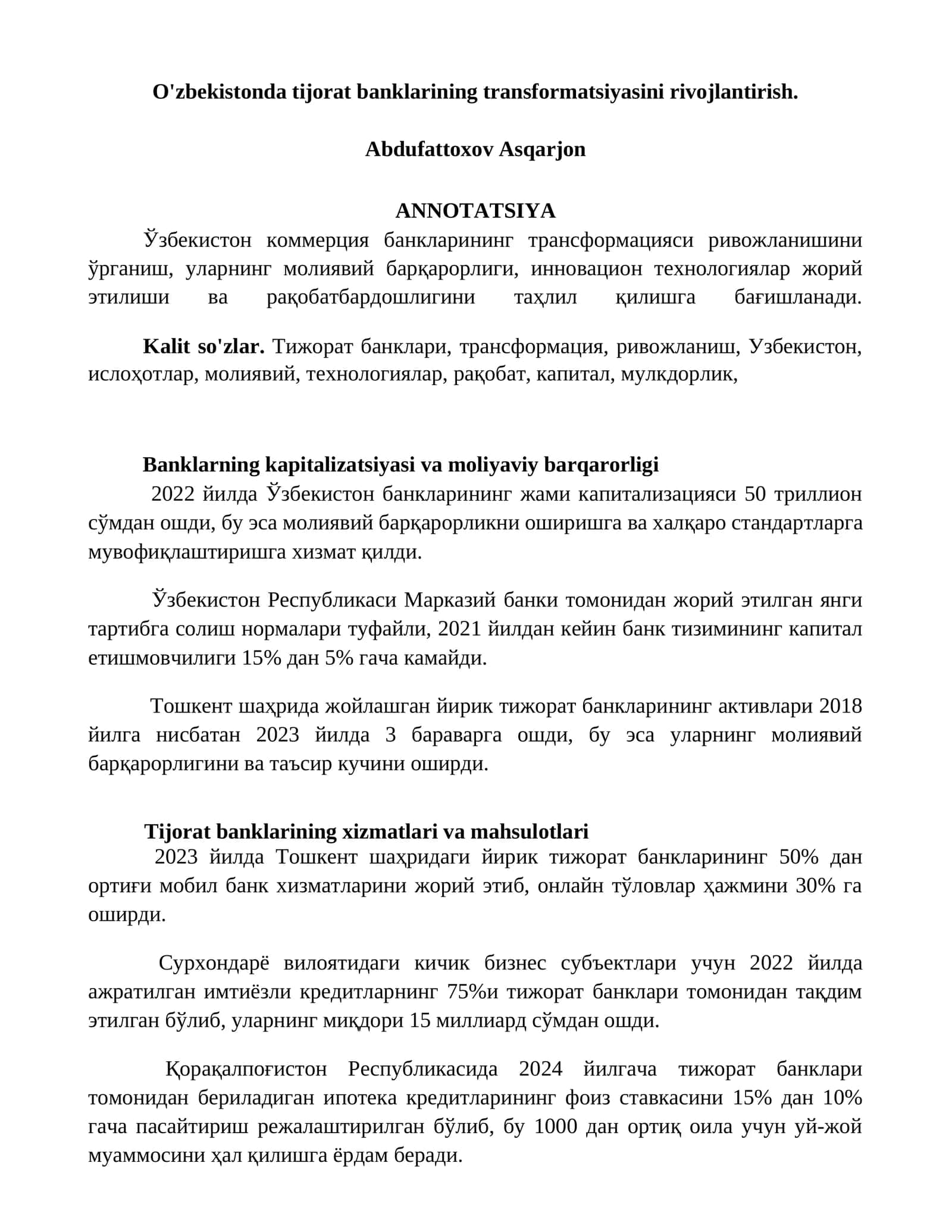 O'zbekistonda tijorat banklarining transformatsiyasini rivojlantirish 1