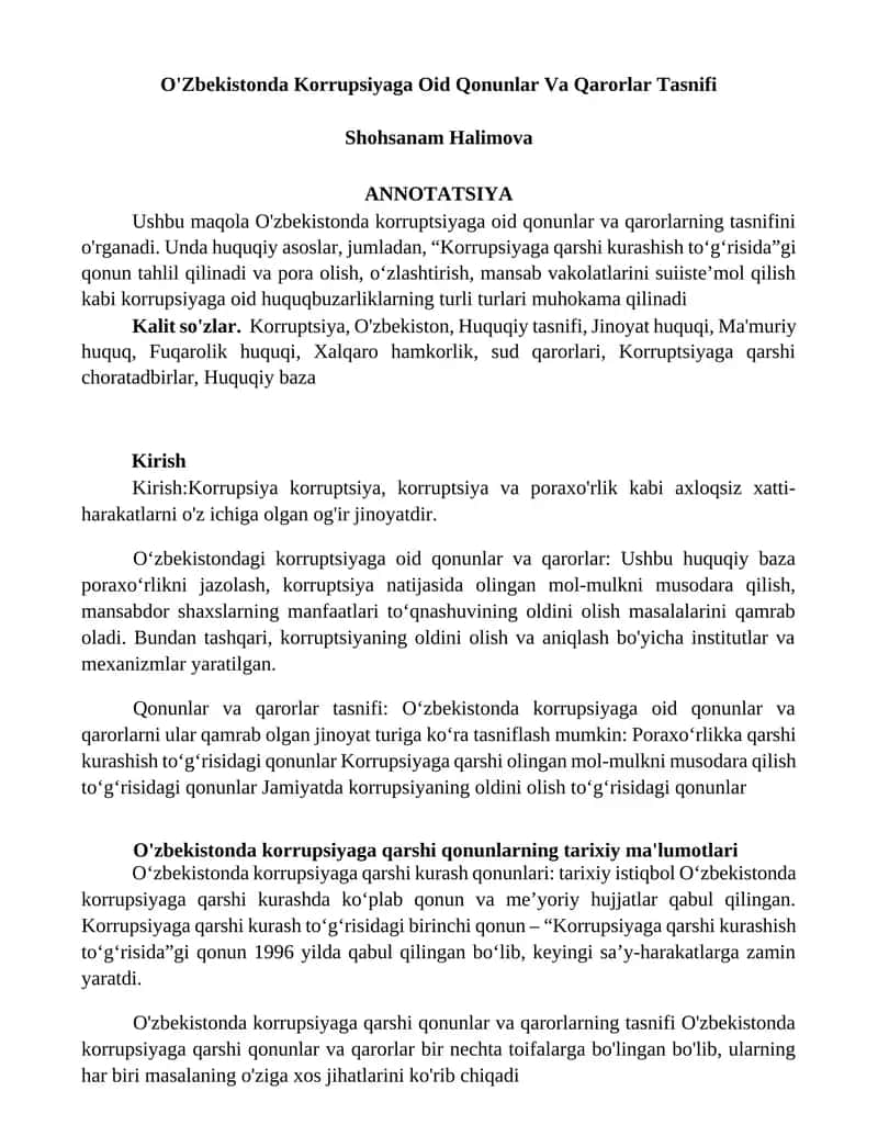O'Zbekistonda Korrupsiyaga Oid Qonunlar Va Qarorlar Tasnifi 1