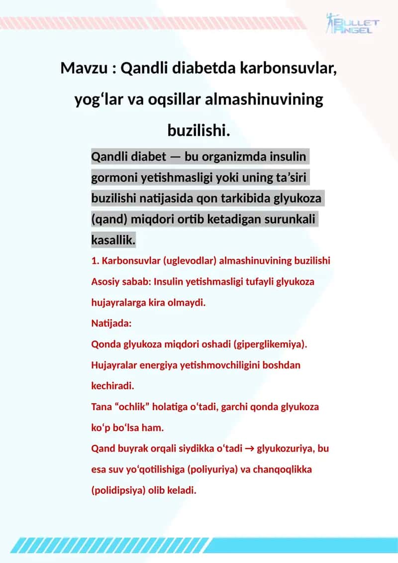 Qandli diabetda karbonsuvlar, yogʻlar va oqsillar almashinuvining buzilishi 1