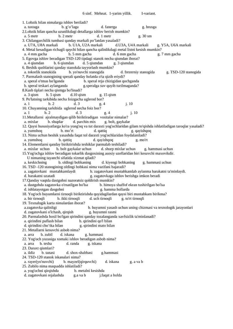 6 sinf. Mehnat. 1-yarim yillik. I-variant 1