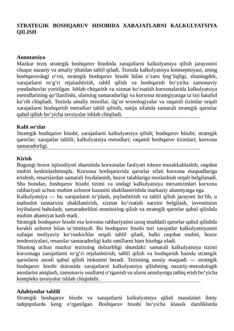 Strategik boshqaruv hisobida xarajatlarni kalkulyatsiya qilish 1
