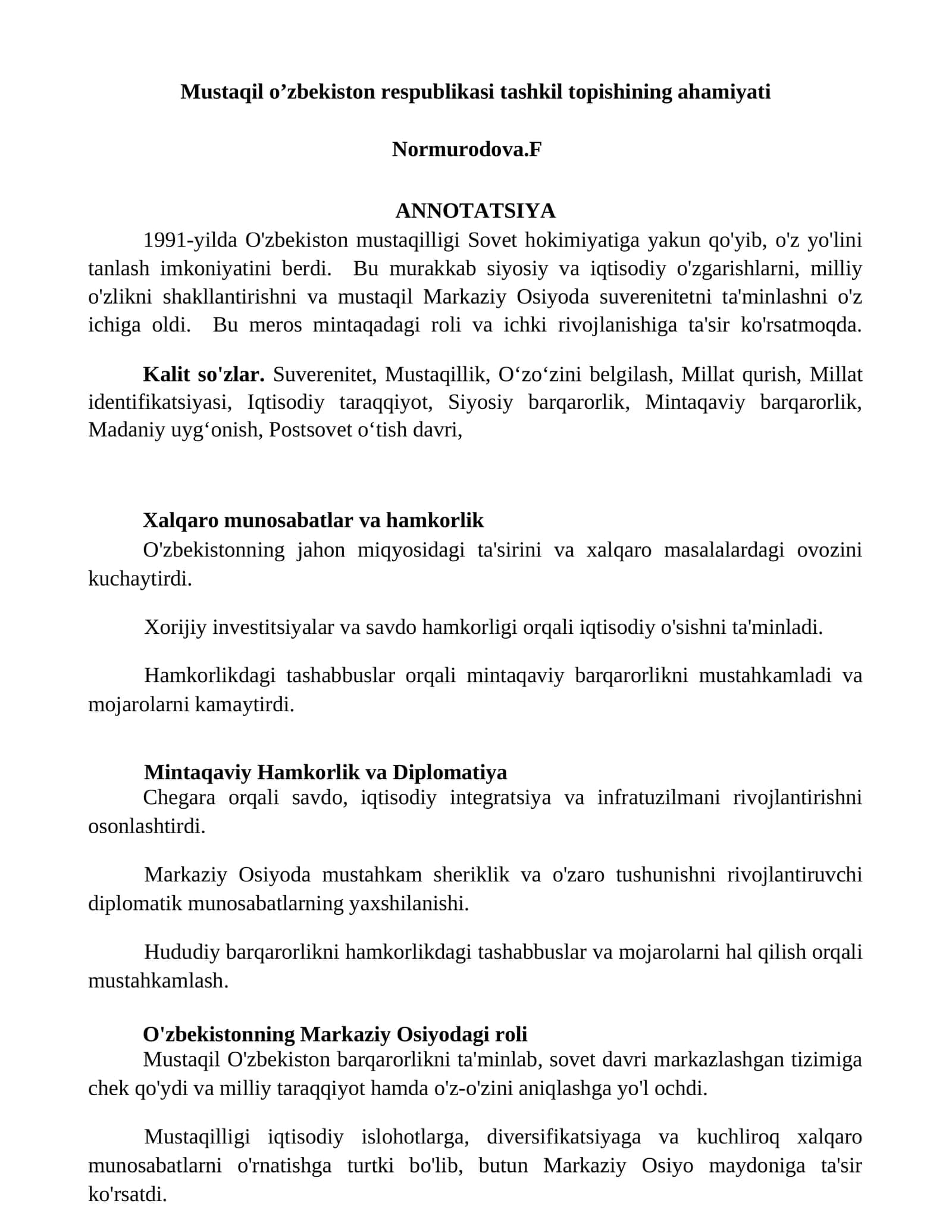 Mustaqil O'zbekiston Respublikasi Tashkil Topishining Ahamiyati 1