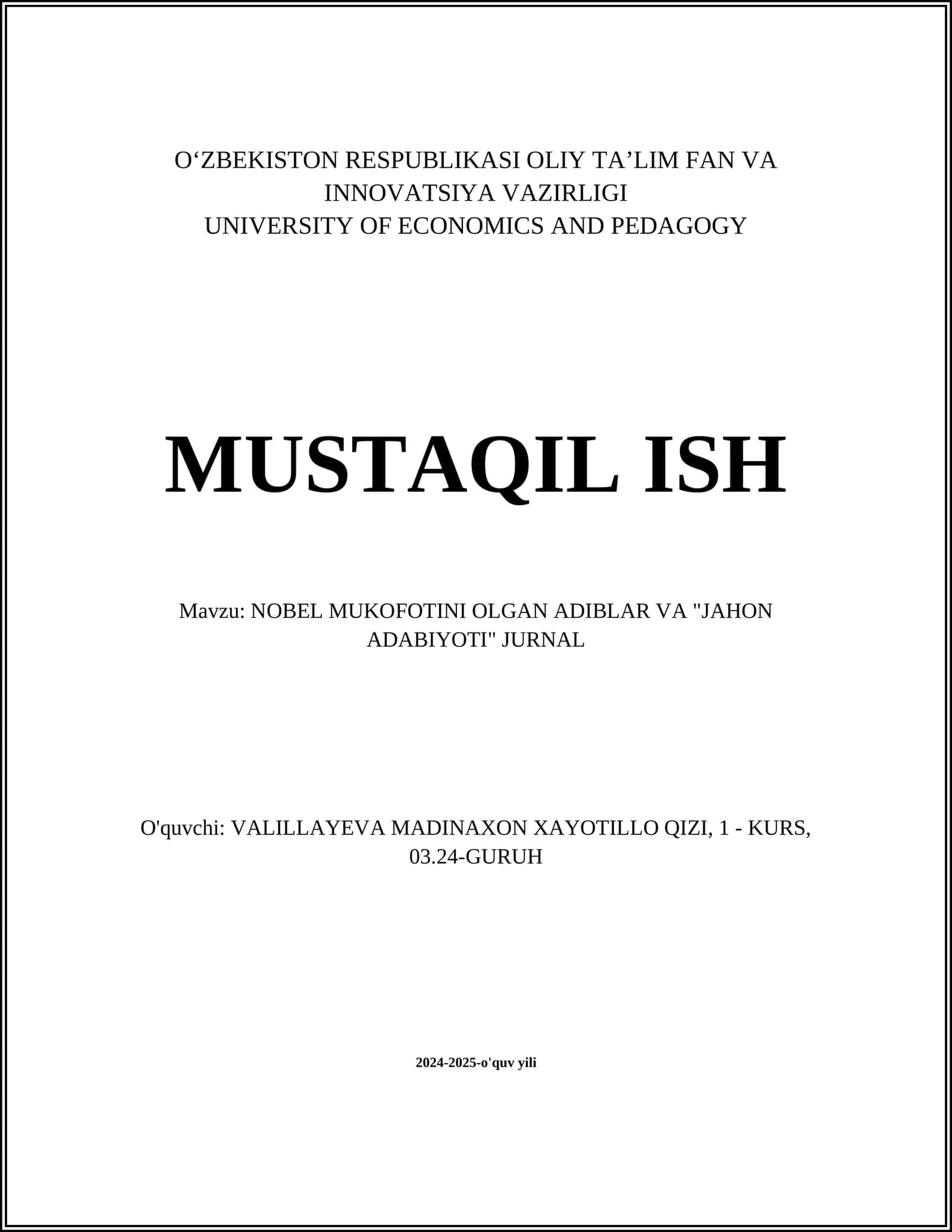 NOBEL MUKOFOTINI OLGAN ADIBLAR VA "JAHON ADABIYOTI" JURNAL 1