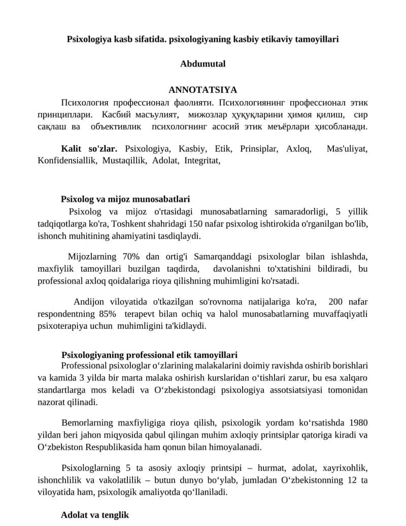 Psixologiya kasb sifatida. psixologiyaning kasbiy etikaviy tamoyillari 1