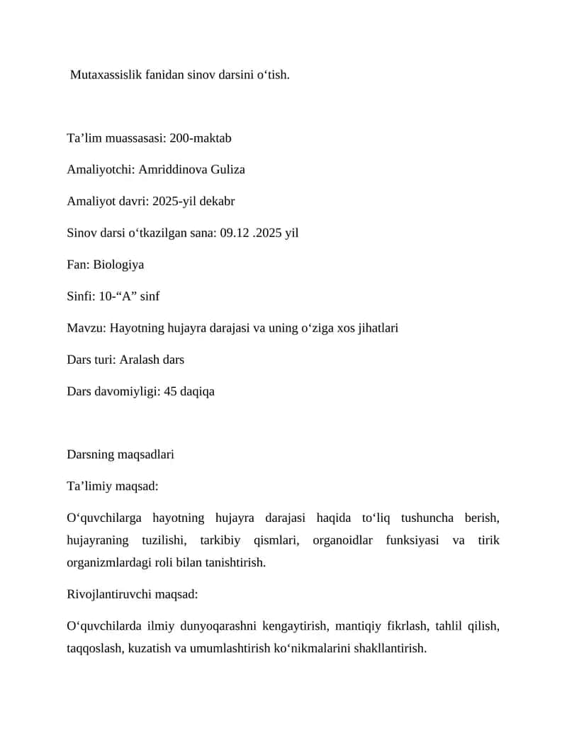 BIOLOGIYANI O`QITISH METODIKASI 1