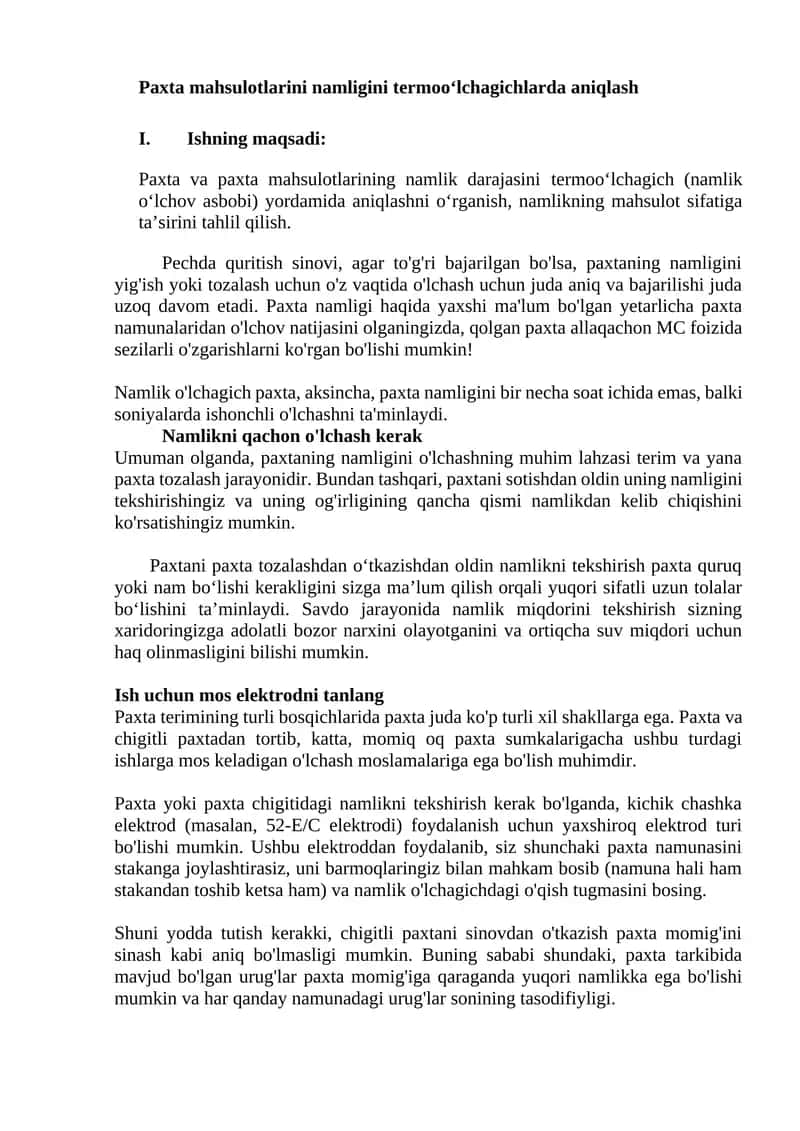 Paxta mahsulotlarini namligini termoo‘lchagichlarda aniqlash 1