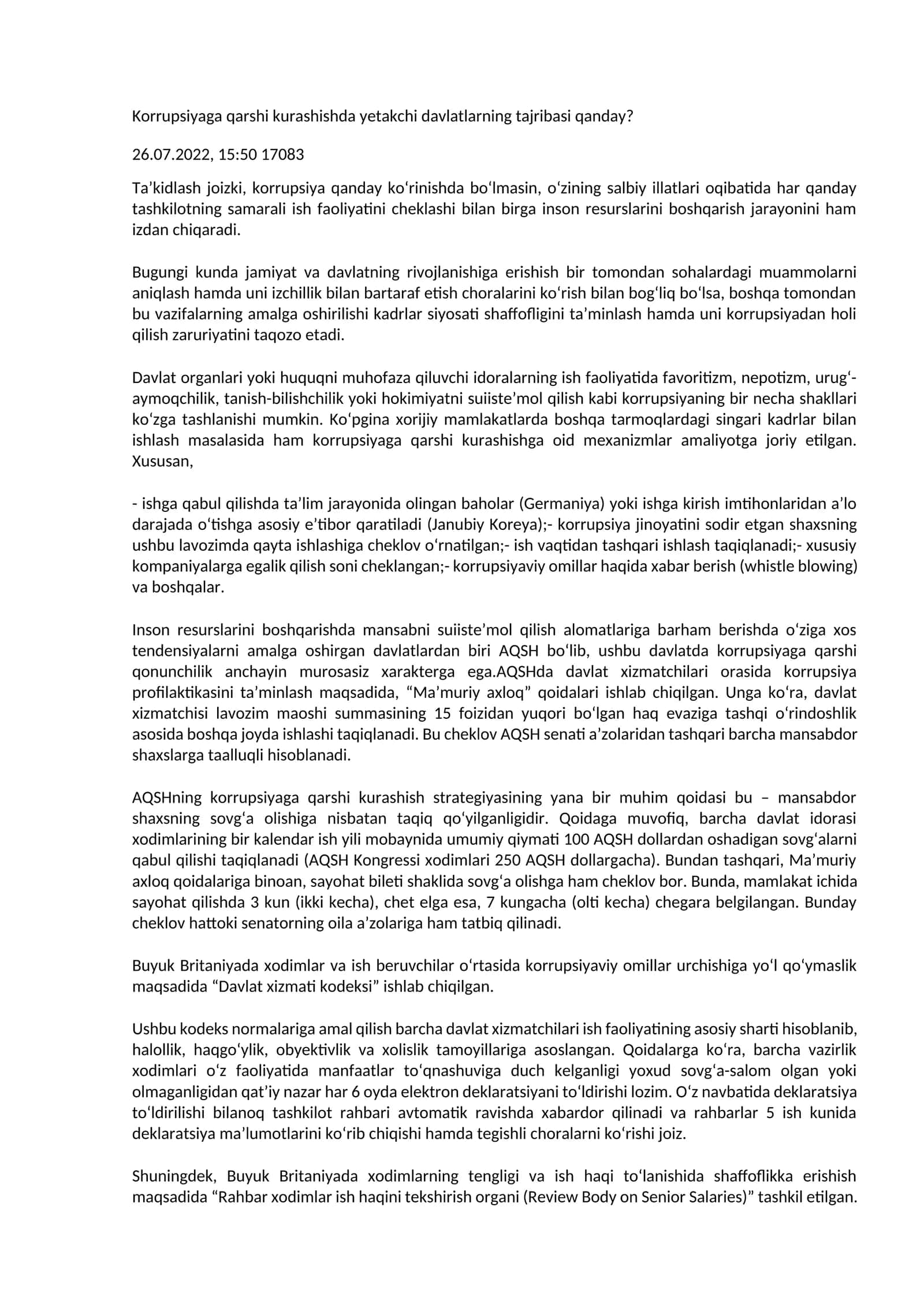 Korrupsiyaga qarshi kurashishda yetakchi davlatlarning tajribasi qanday? 1
