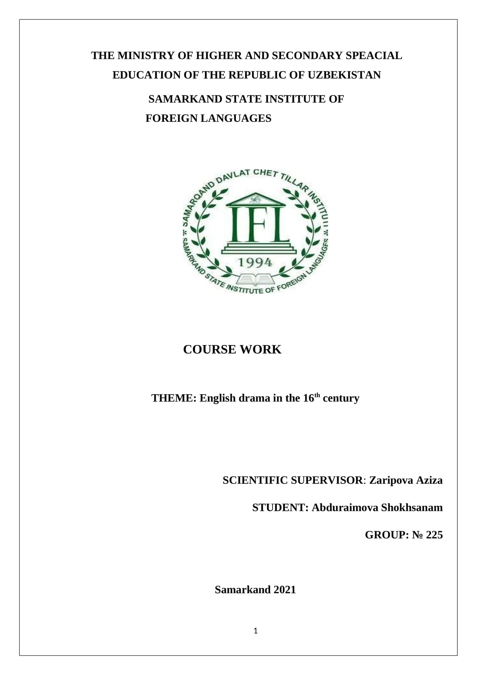 COURSE WORK: English drama in the 16th century 1