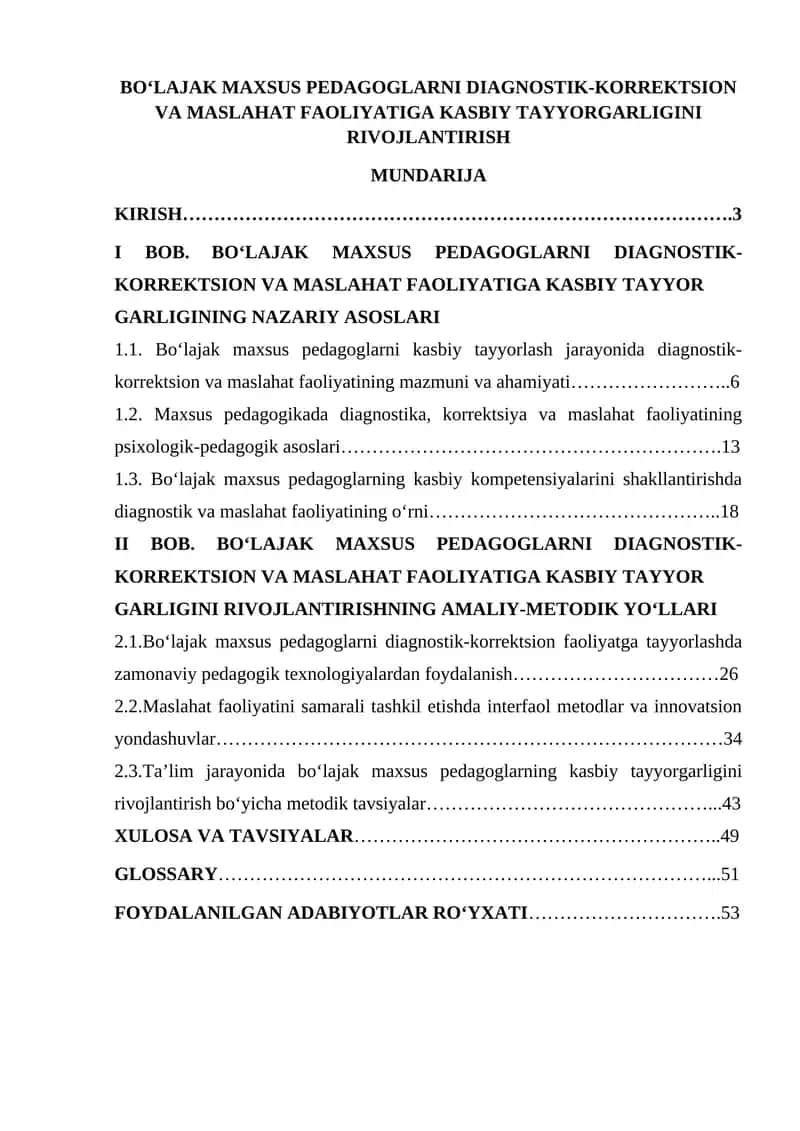 BO‘LAJAK MAXSUS PEDAGOGLARNI DIAGNOSTIK-KORREKTSION VA MASLAHAT FAOLIYATIGA KASBIY TAYYORGARLIGINI RIVOJLANTIRISH 1