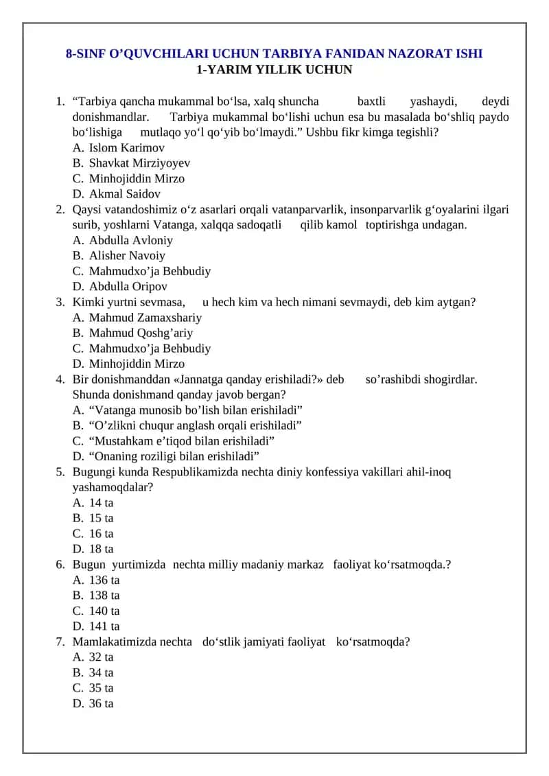 8-SINF O’QUVCHILARI UCHUN TARBIYA FANIDAN NAZORAT ISHI 1
