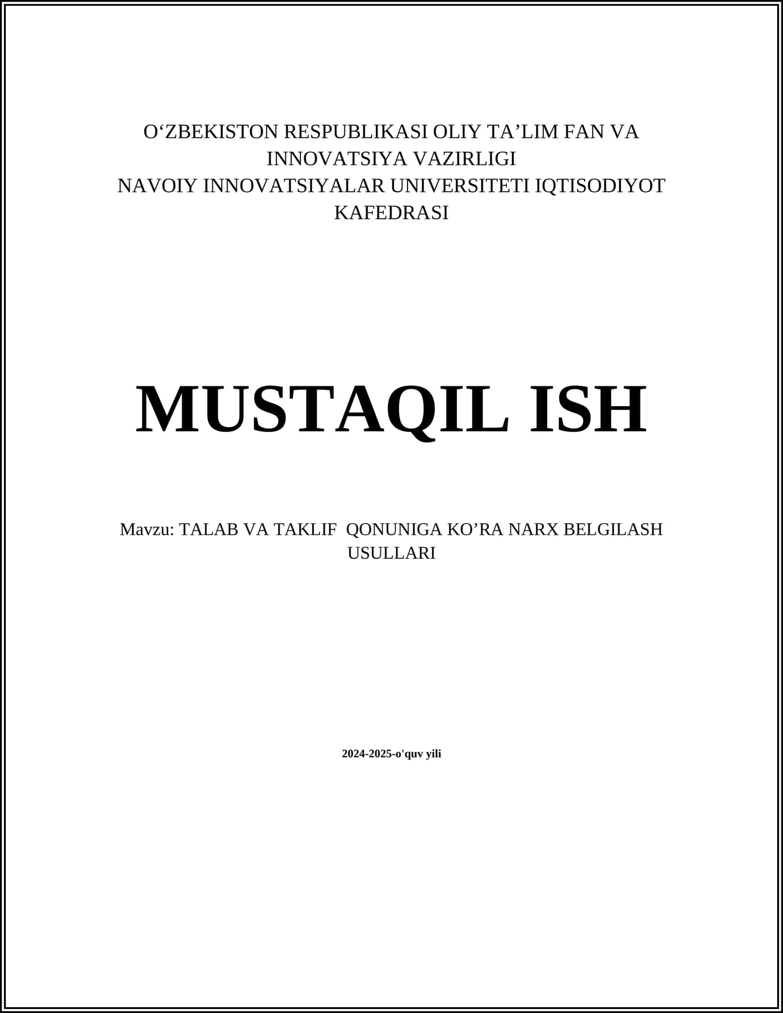 TALAB VA TAKLIF QONUNIGA KO’RA NARX BELGILASH USULLARI 1