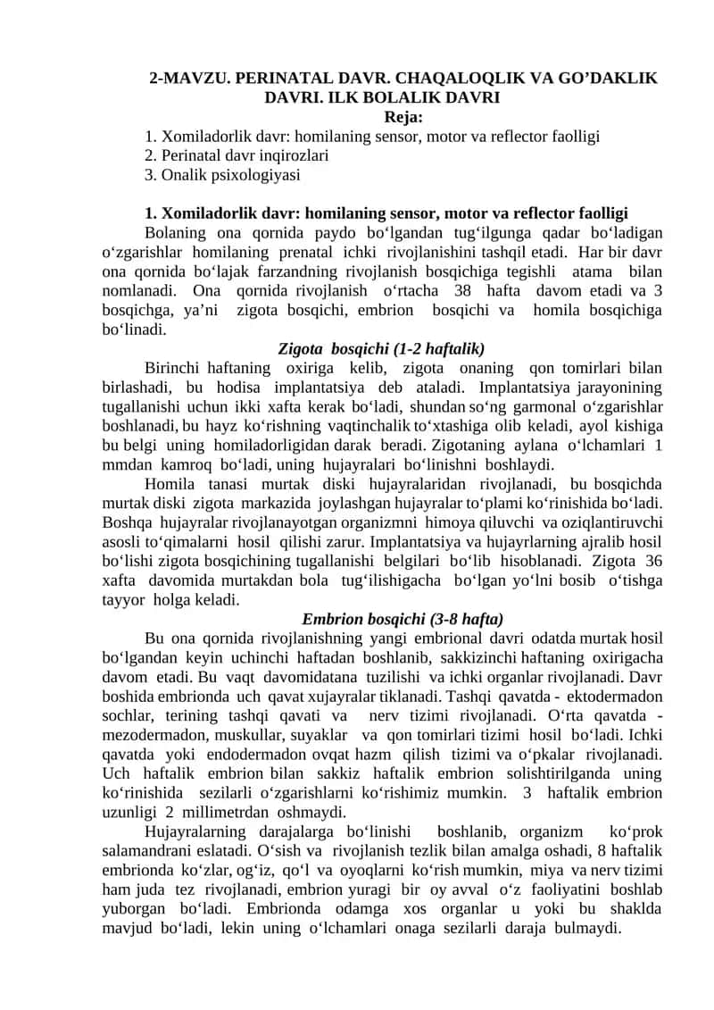 PERINATAL DAVR. CHAQALOQLIK VA GO’DAKLIK DAVRI. ILK BOLALIK DAVRI 1